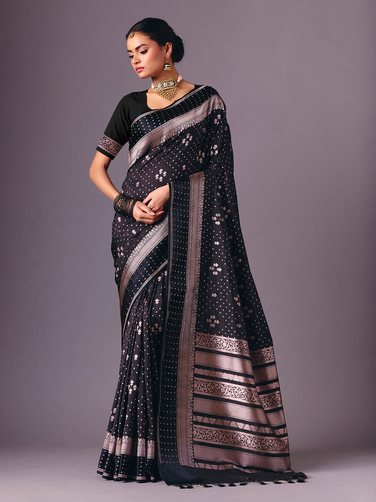 Black semi silk zari work saree