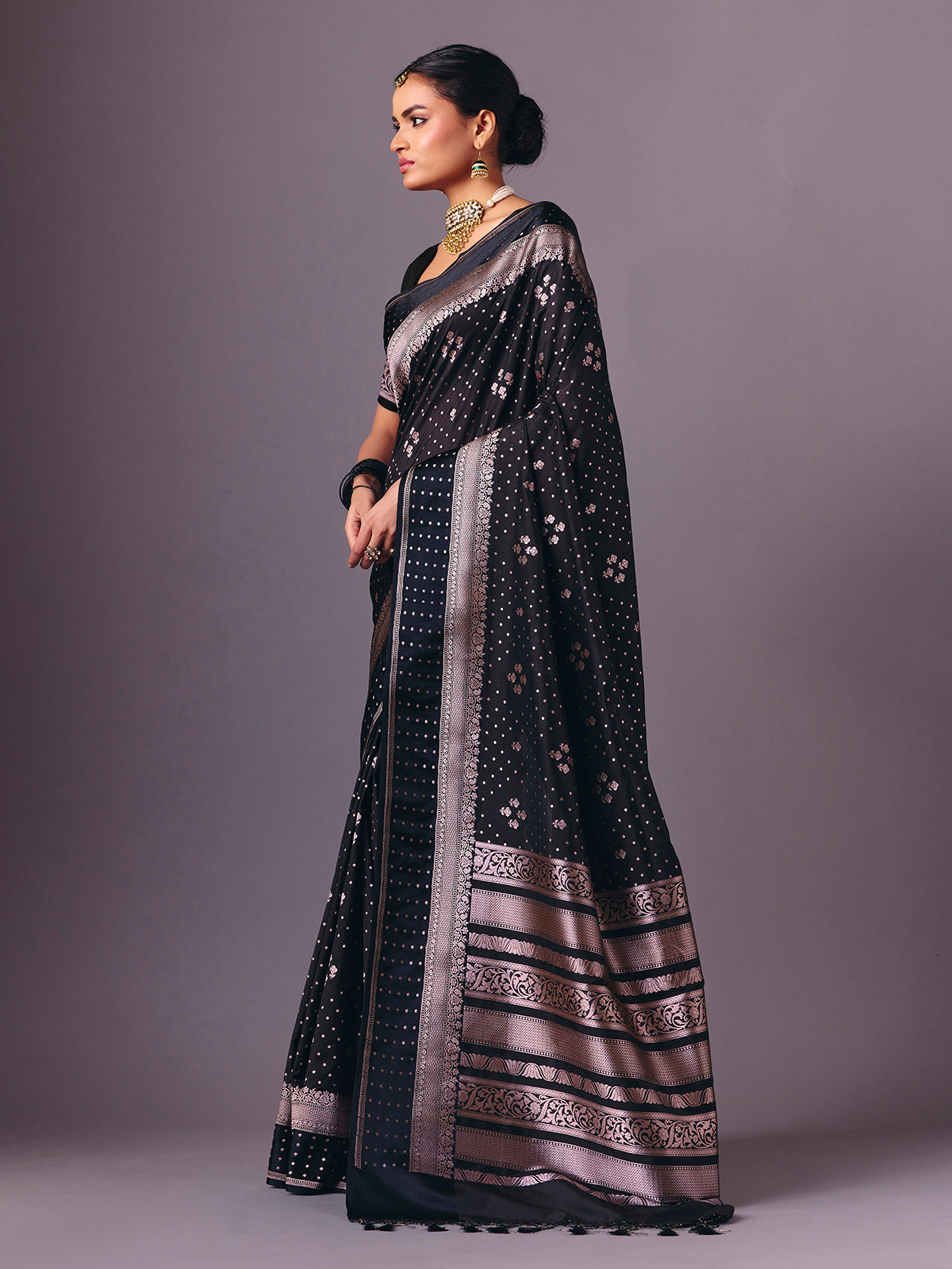 Black semi silk zari work saree