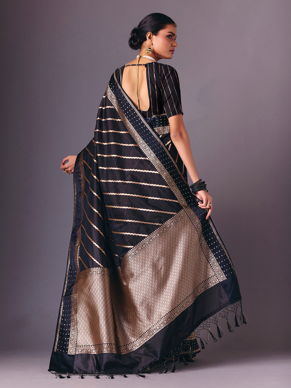 Black semi silk classic zari work saree