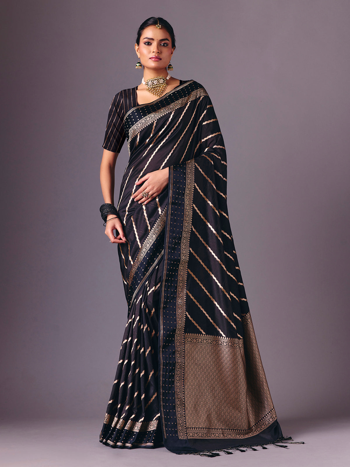 Black semi silk classic zari work saree