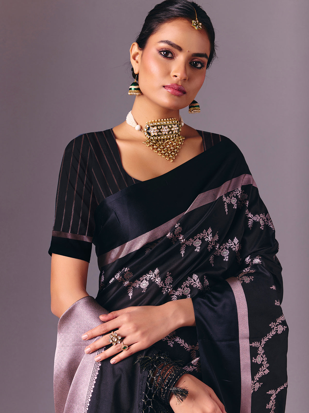 Black zari butti work and festive wear silk saree