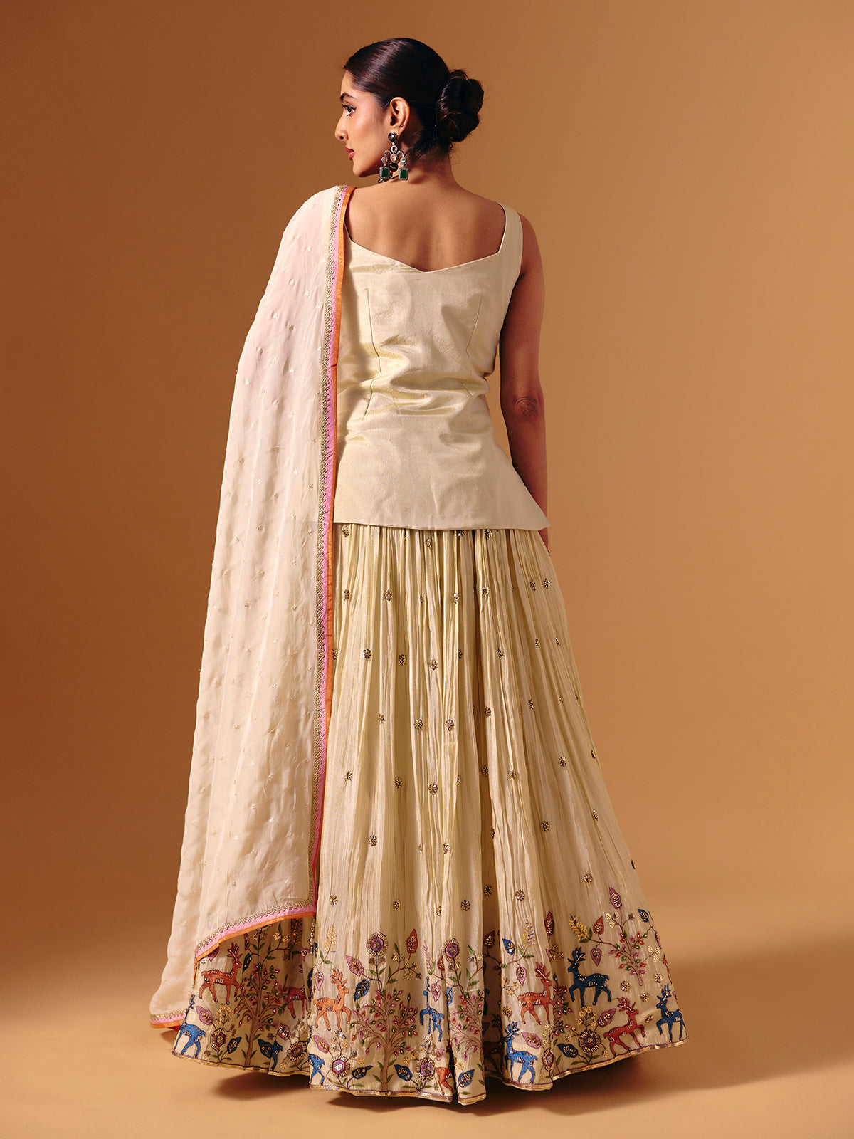 Cream silk sweetheart neck embroidered work lehenga choli