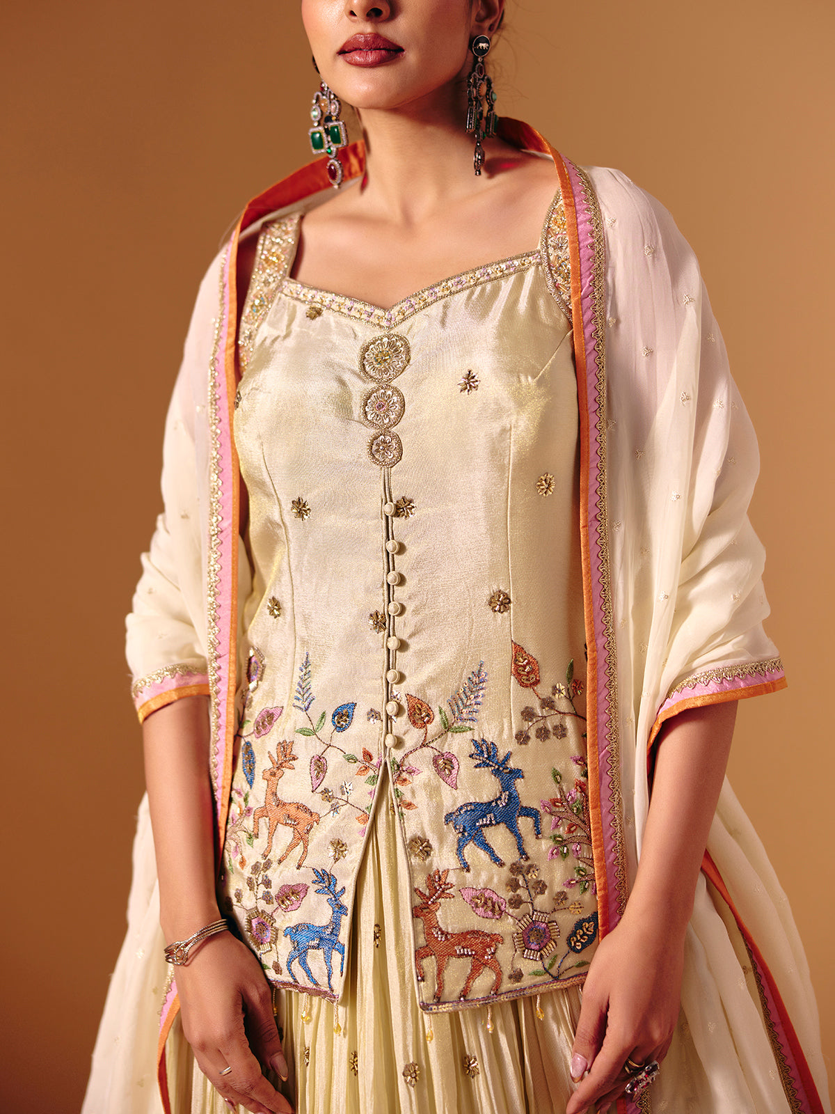 Cream silk sweetheart neck embroidered work lehenga choli