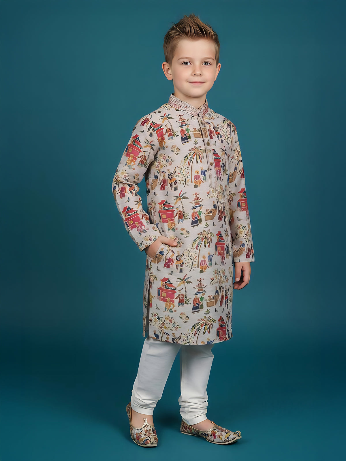 Grey digital printed silk boys kurta suit