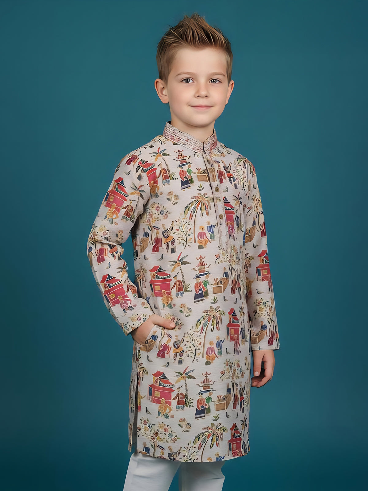 Grey digital printed silk boys kurta suit