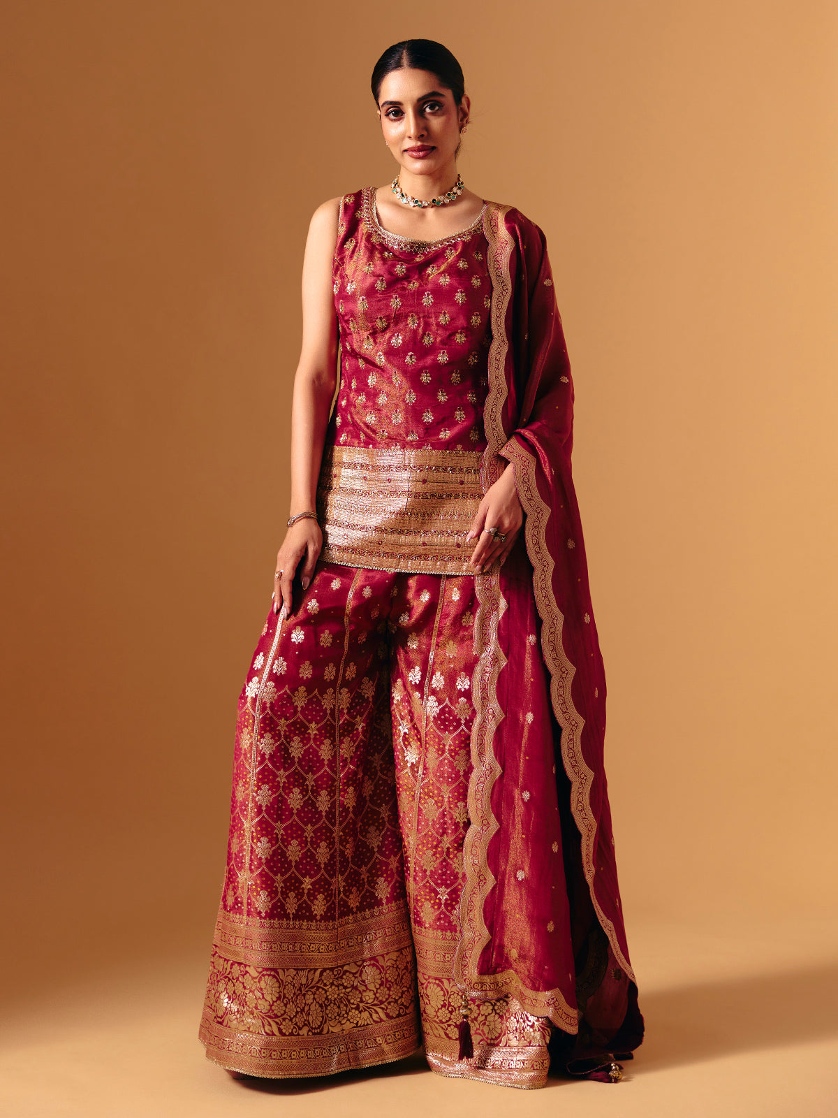 Maroon silk zari work palazzo suit