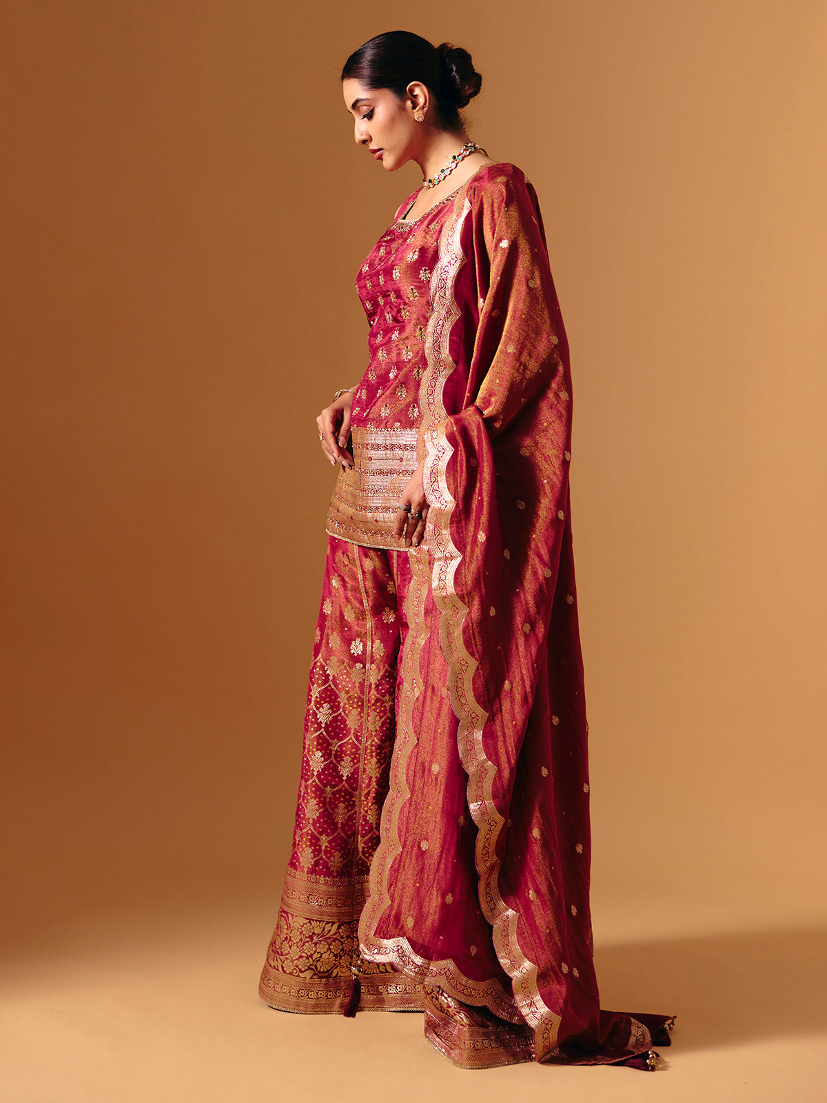 Maroon silk zari work palazzo suit