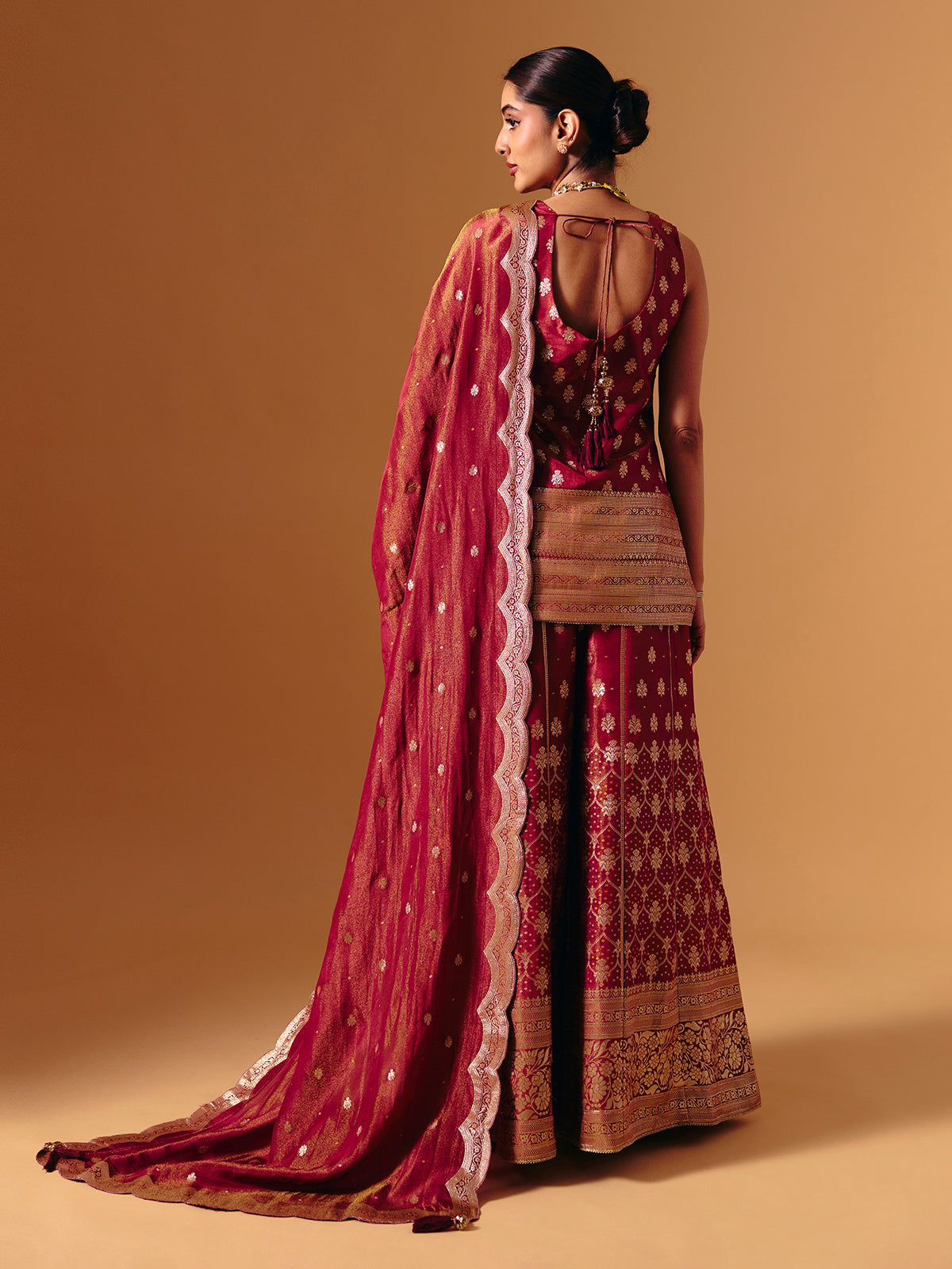 Maroon silk zari work palazzo suit