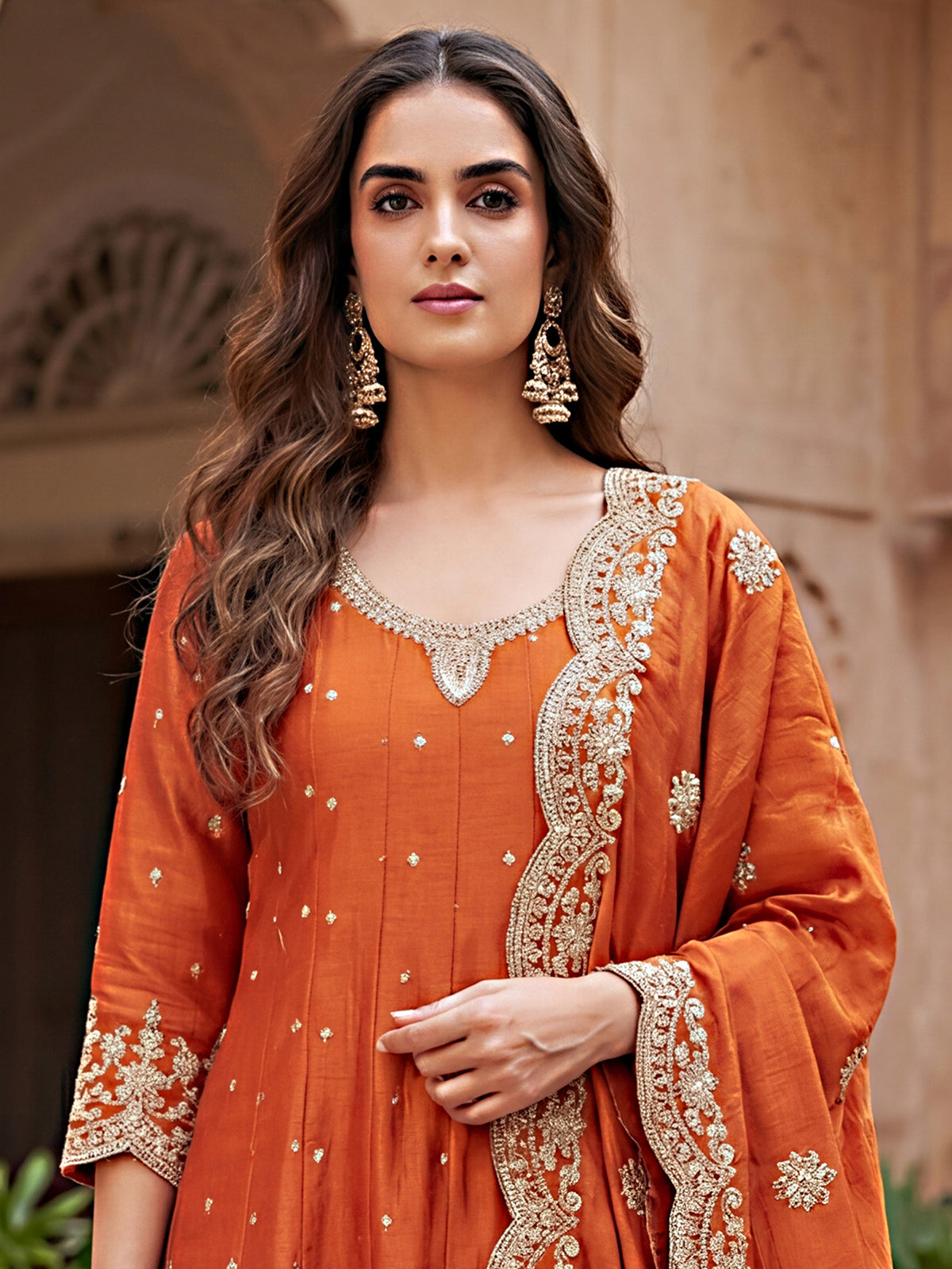 Orange pakistani anarkali style silk salwar suit