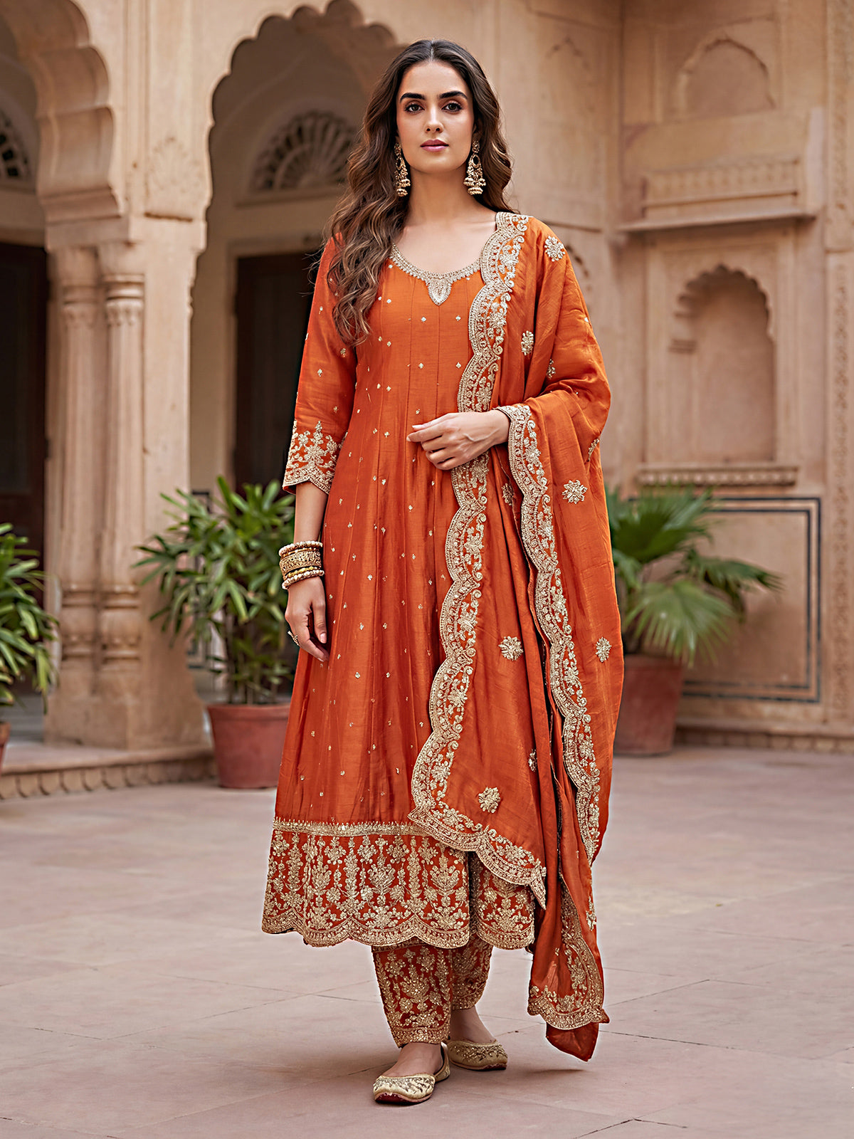 Orange pakistani anarkali style silk salwar suit
