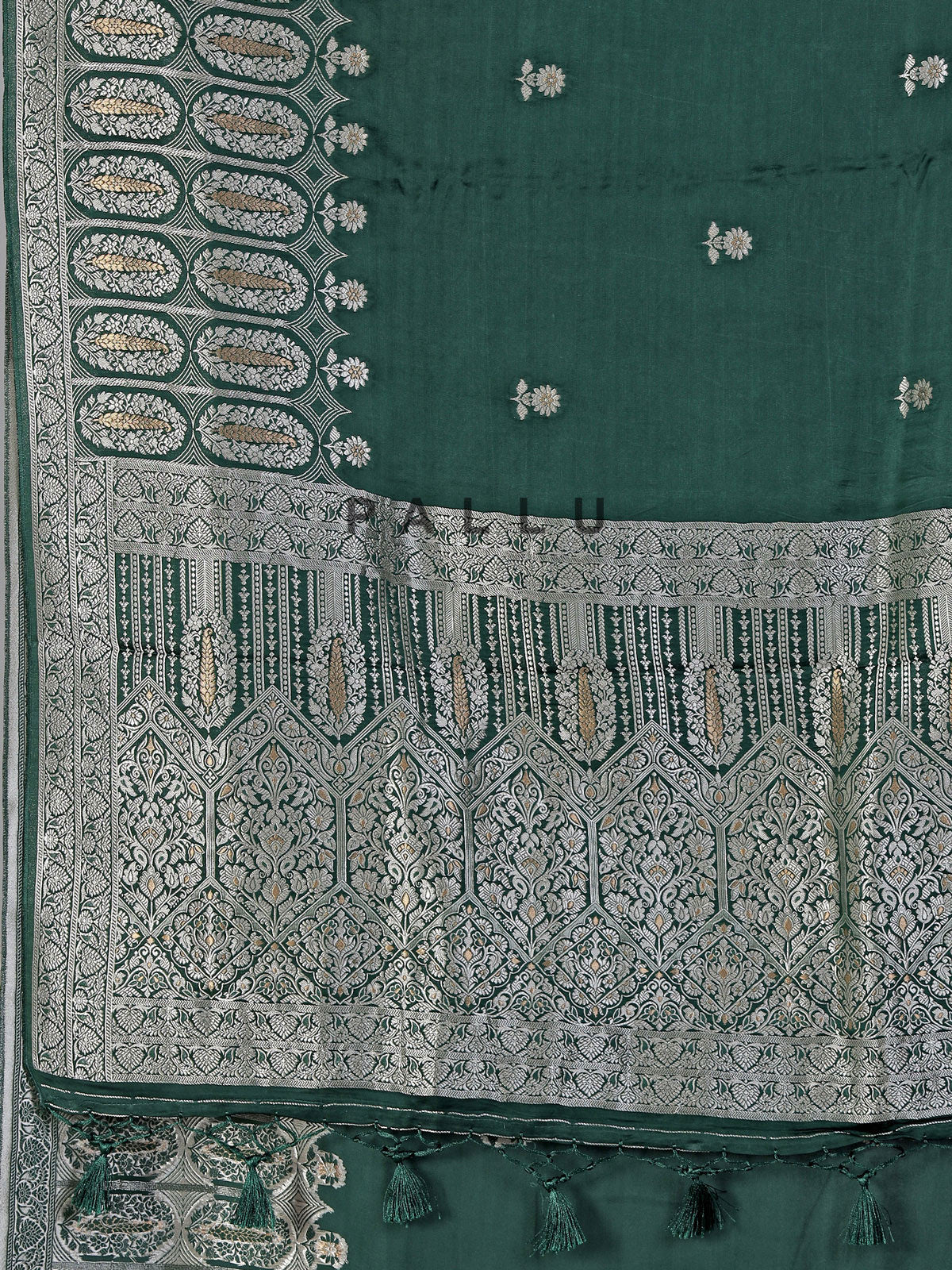 Bottle green zari butti satin silk saree
