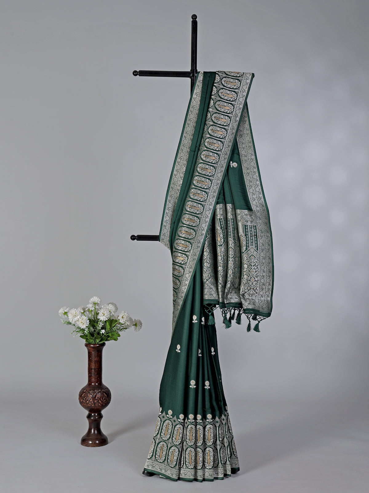 Bottle green zari butti satin silk saree