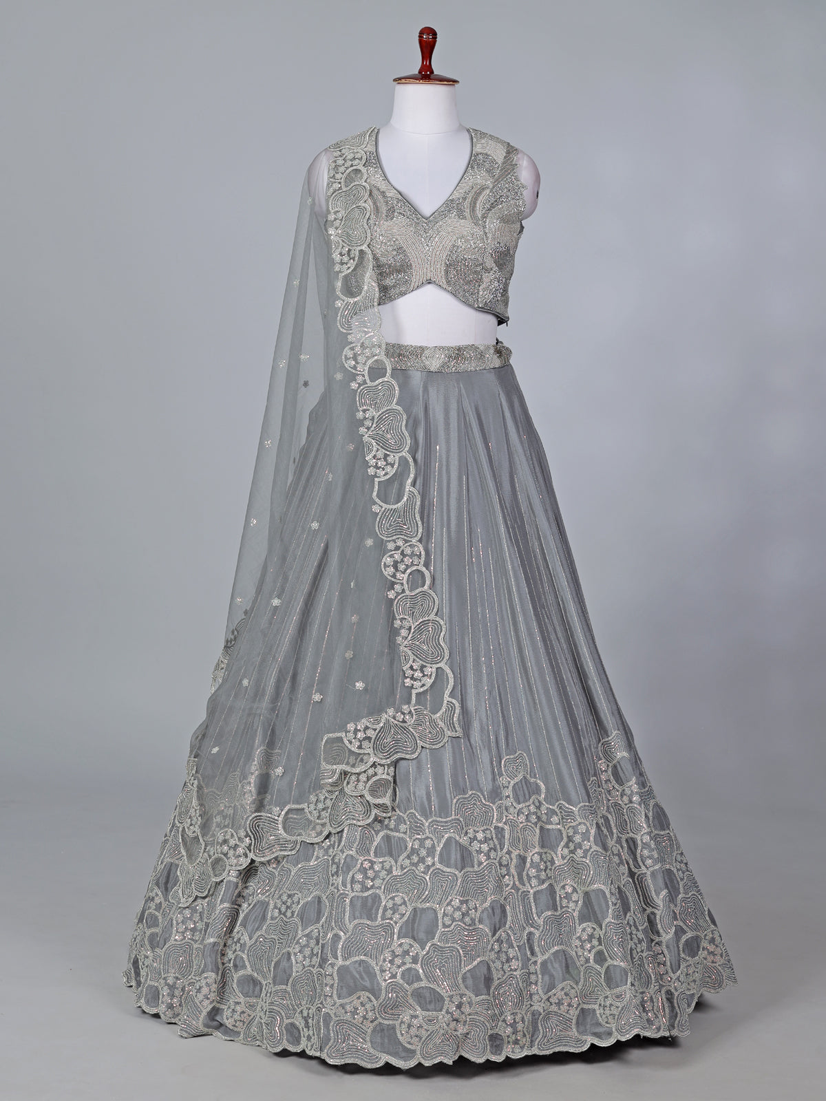 Grey satin silk embroidered lehenga choli