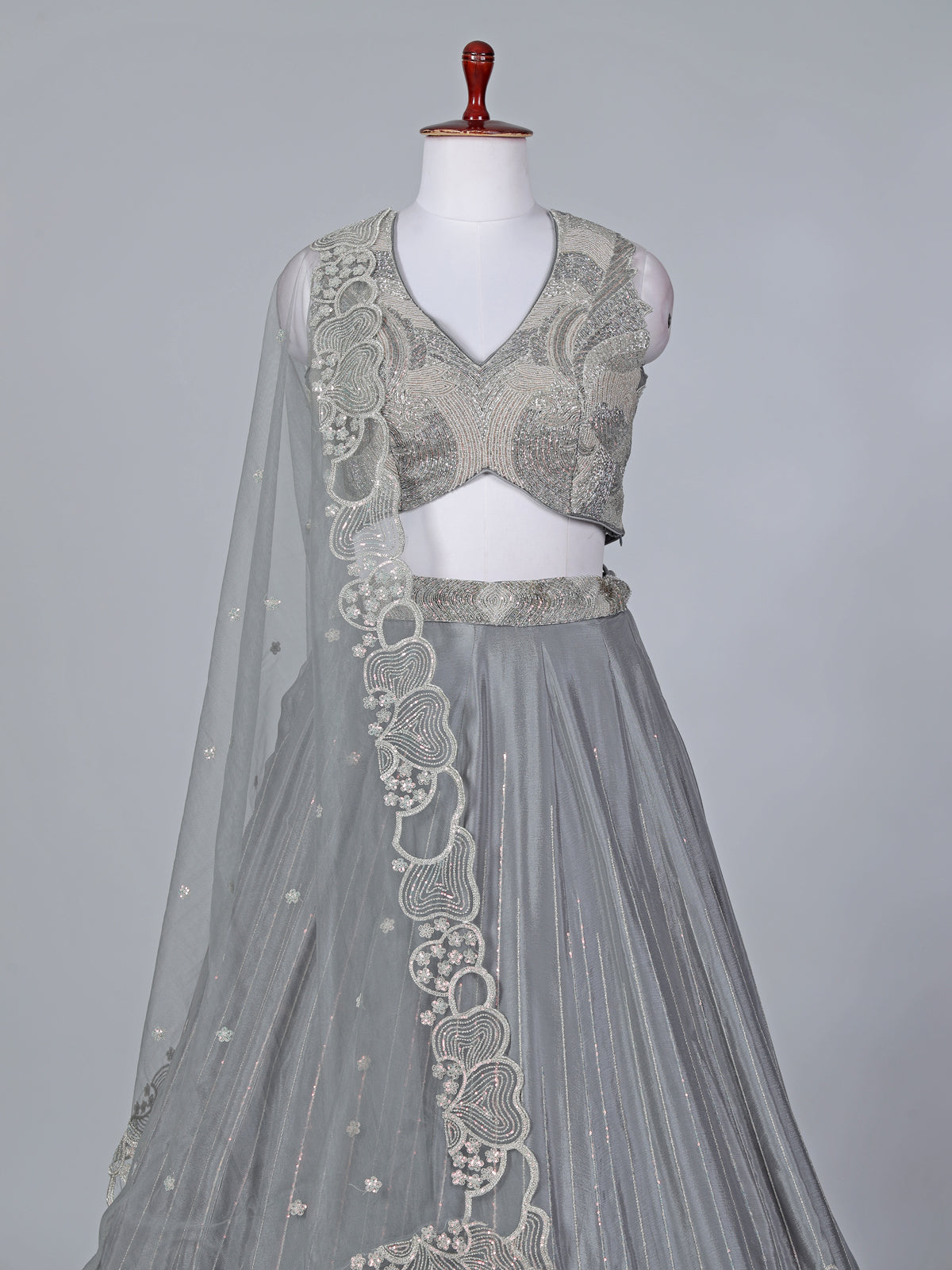 Grey satin silk embroidered lehenga choli