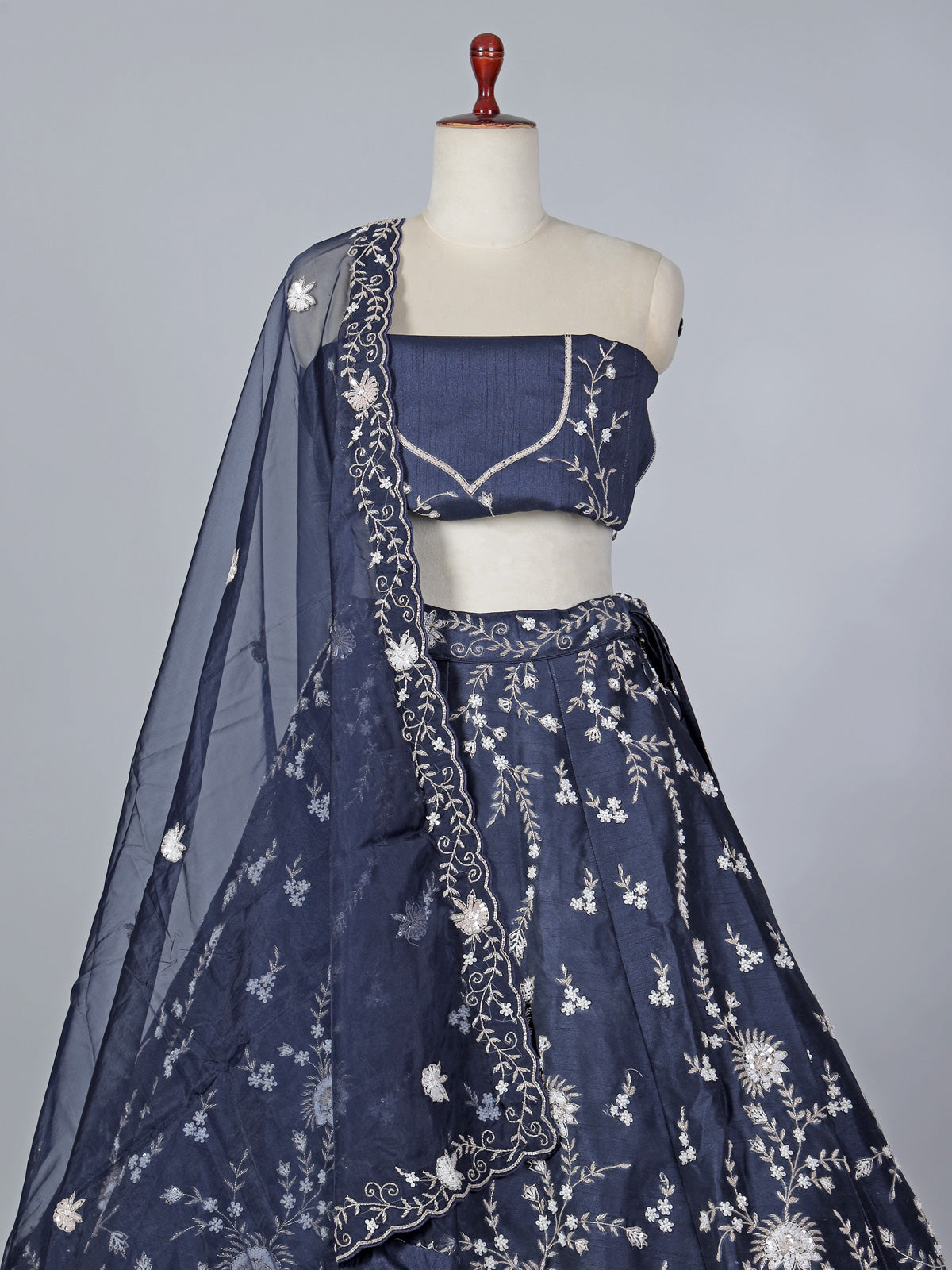 Navy raw silk pearl embellished lehenga choli