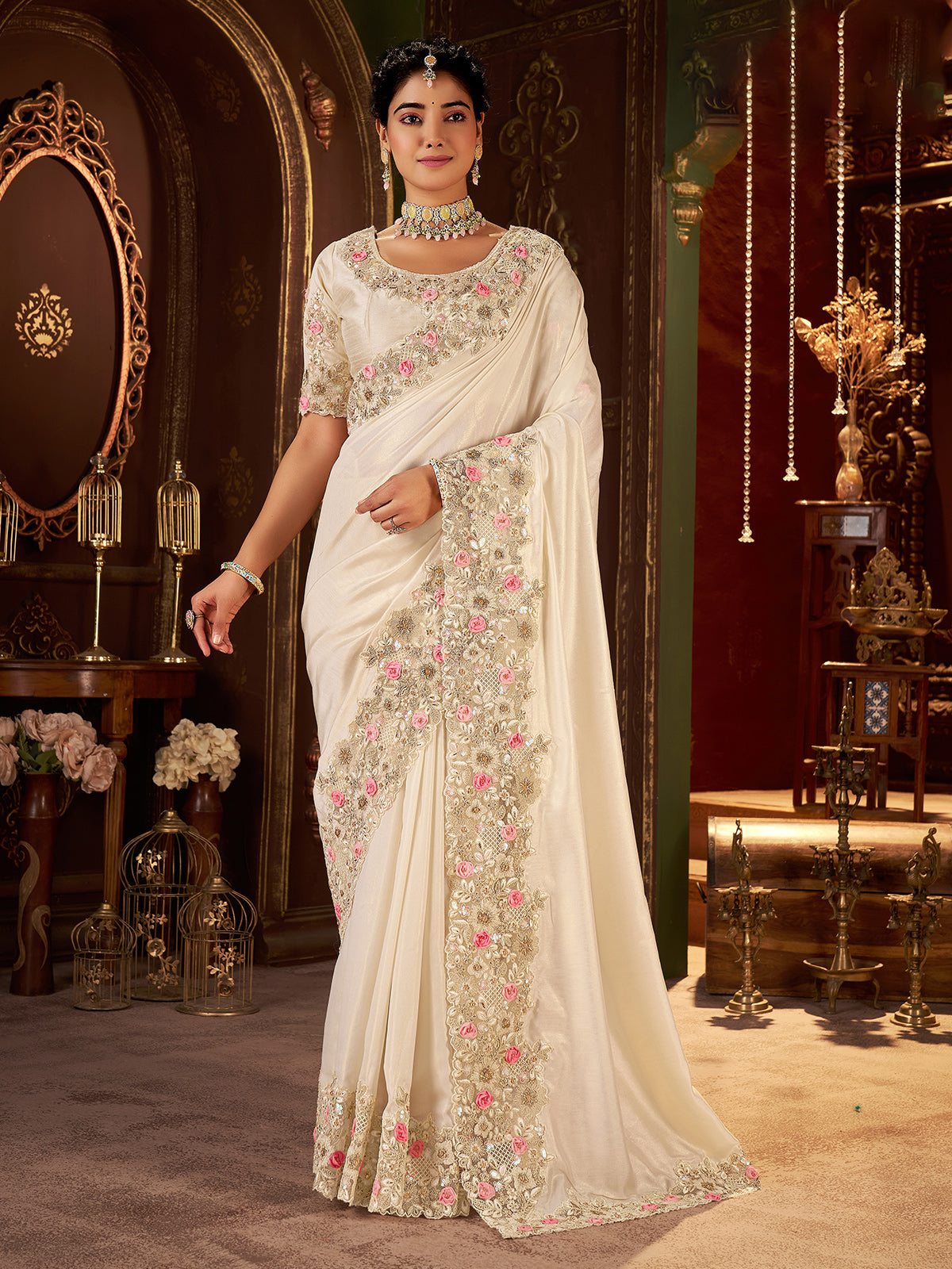 Cream soft silk zari and zardosi wededing wear saree