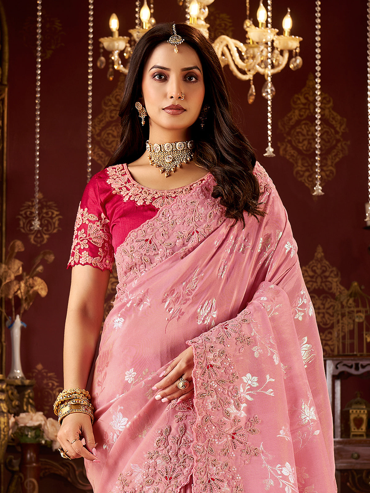 Pink soft silk embroidered saree with contrast blouse