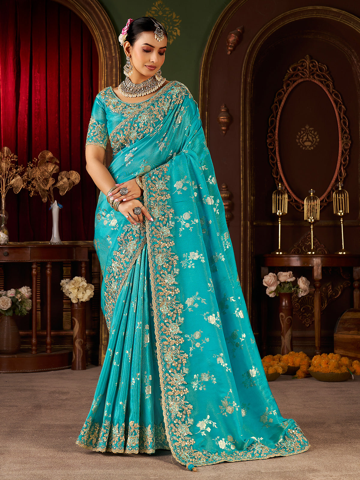 Aqua blue soft silk zardosi work saree