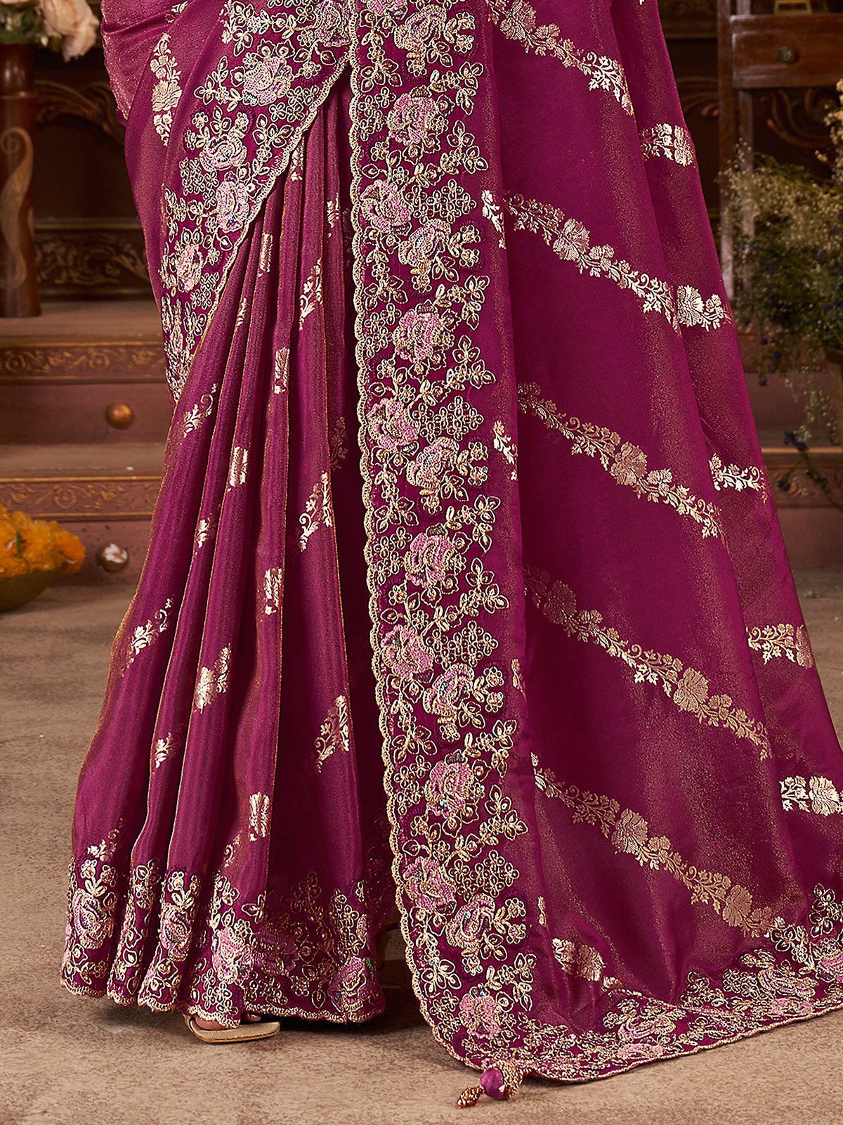 Wine soft silk zardosi and embroidered work saree