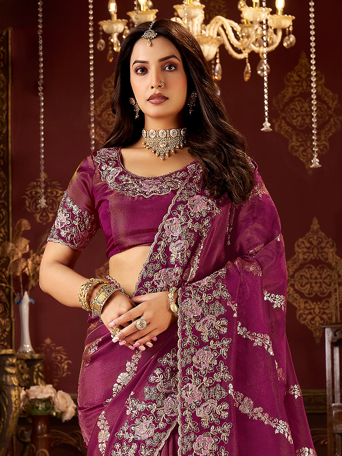 Wine soft silk zardosi and embroidered work saree