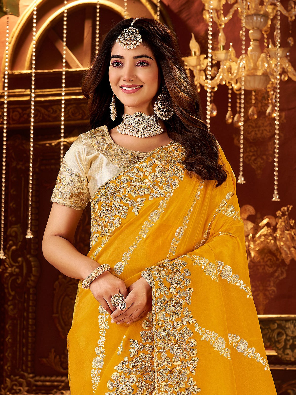 Mustard yellow soft silk zardosi work saree