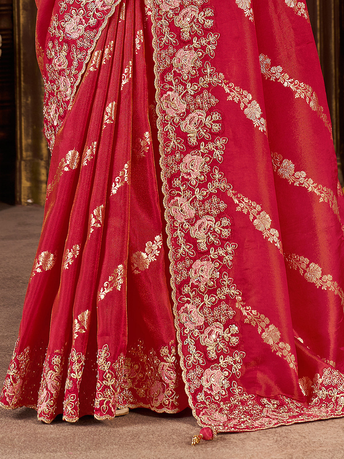 Red soft silk zardosi and embroidered work saree