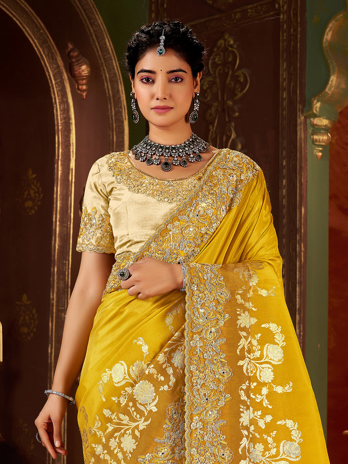 Mustard yellow soft silk embroidered festive wear saree