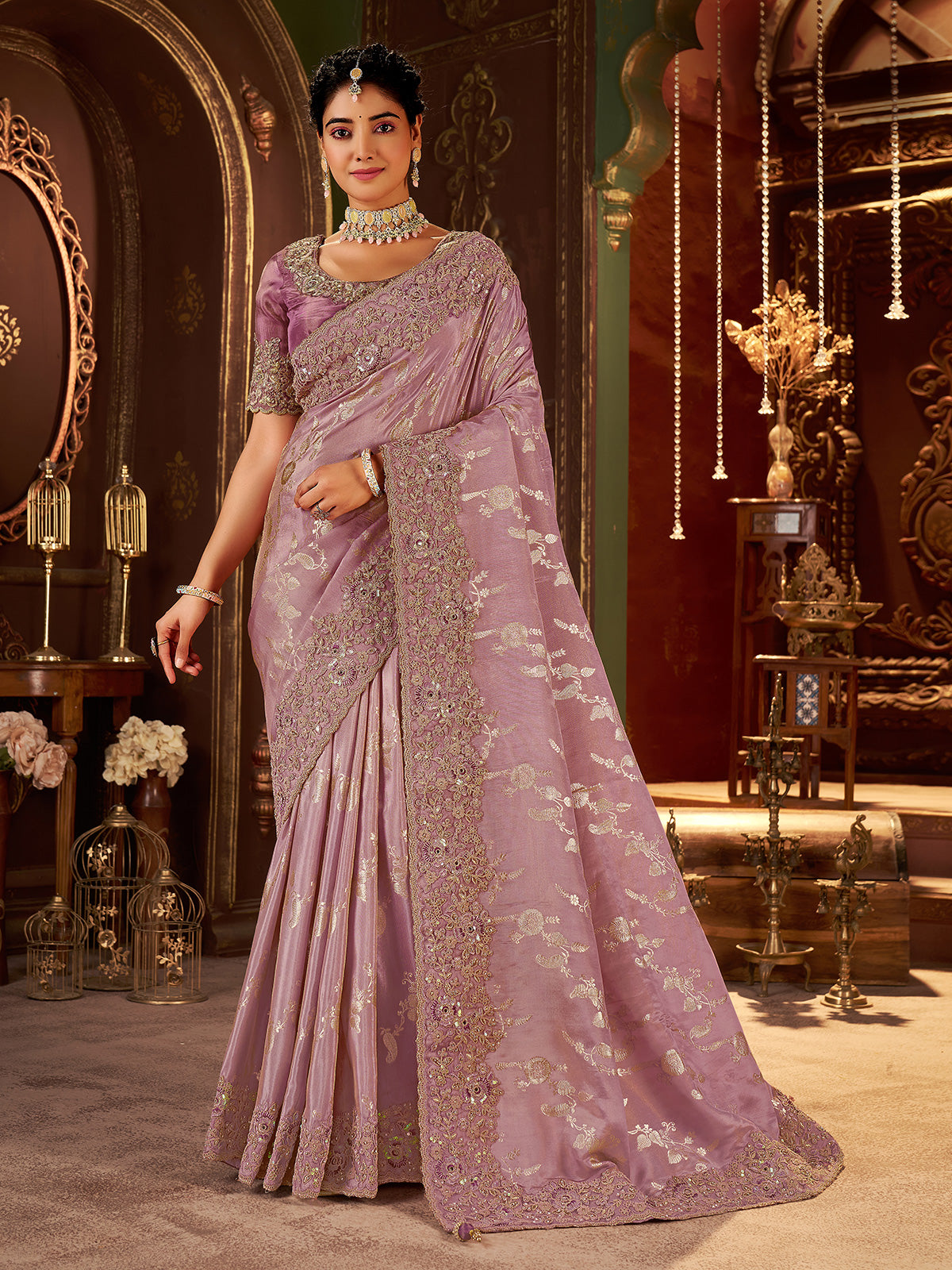 Shaded lilac purple soft silk saree for wedding wear