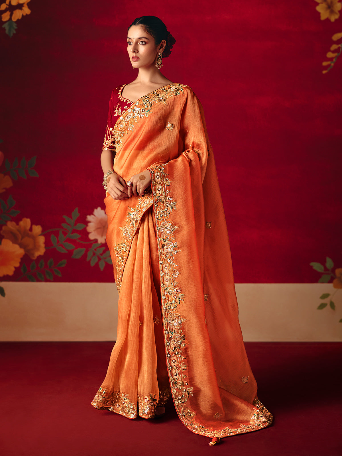 Orange tissue organza embroidered festive saree