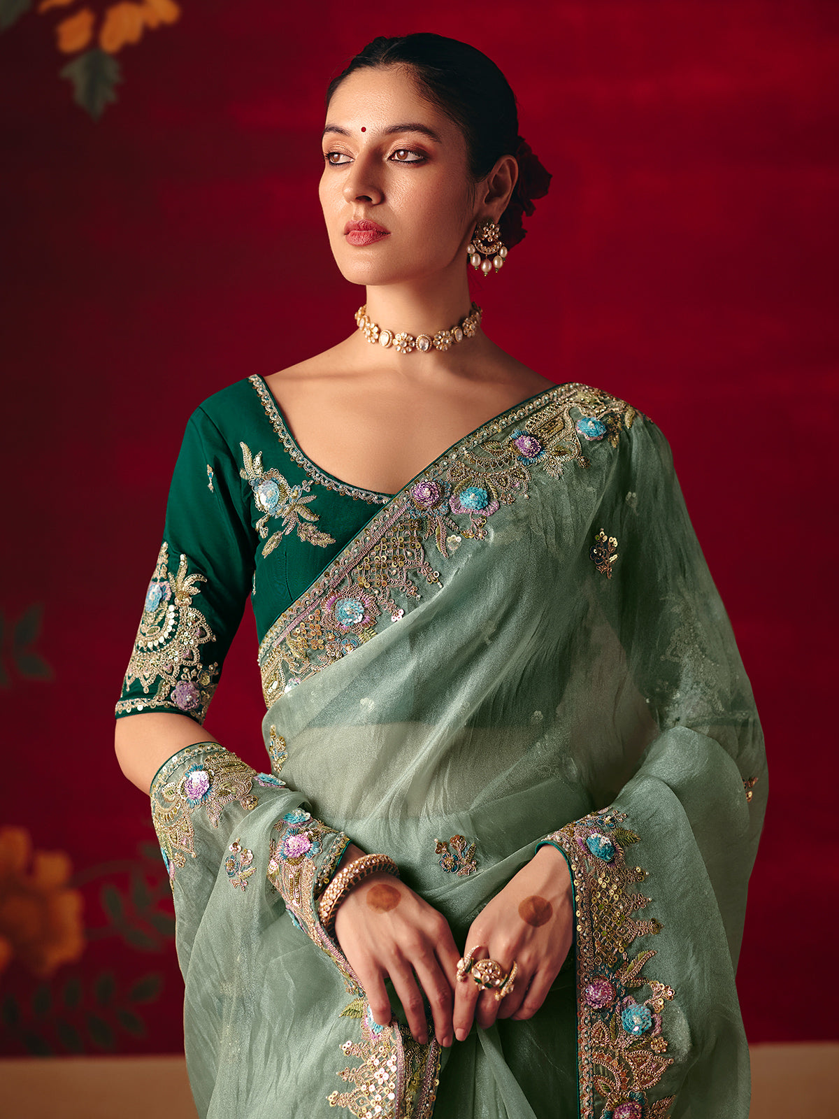 Sage green tissue organza embroidered saree
