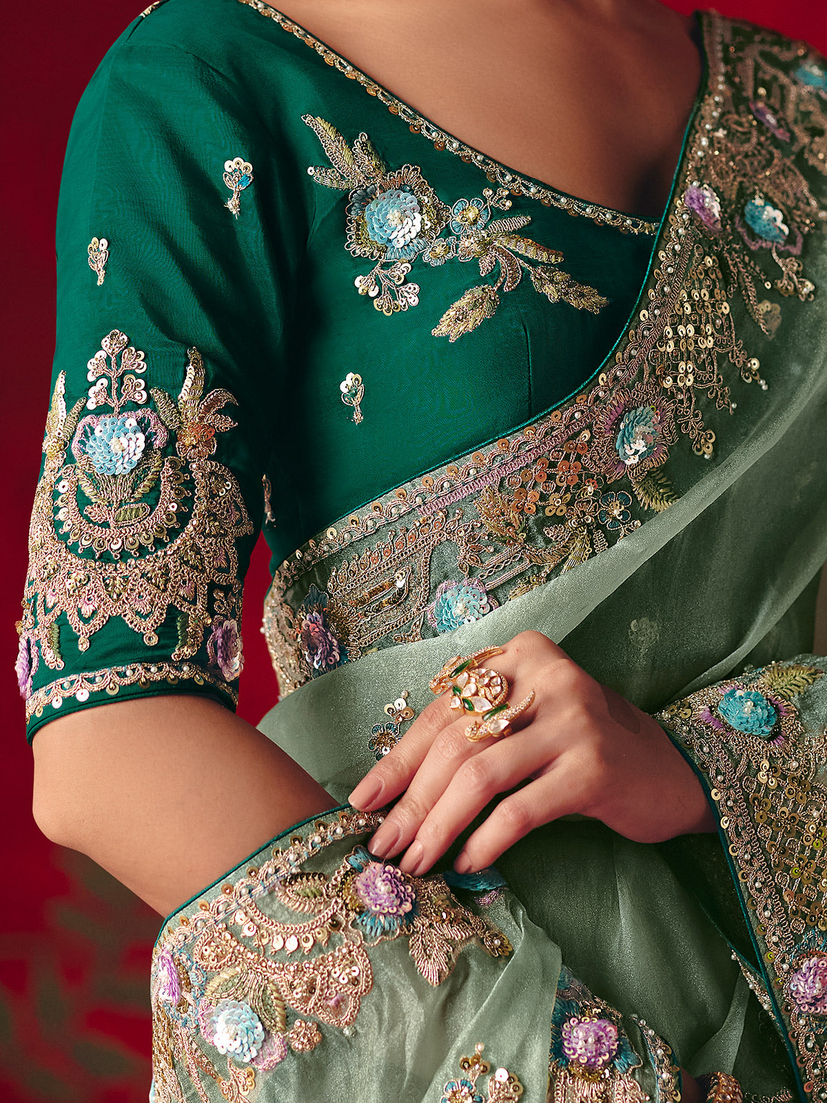 Sage green tissue organza embroidered saree