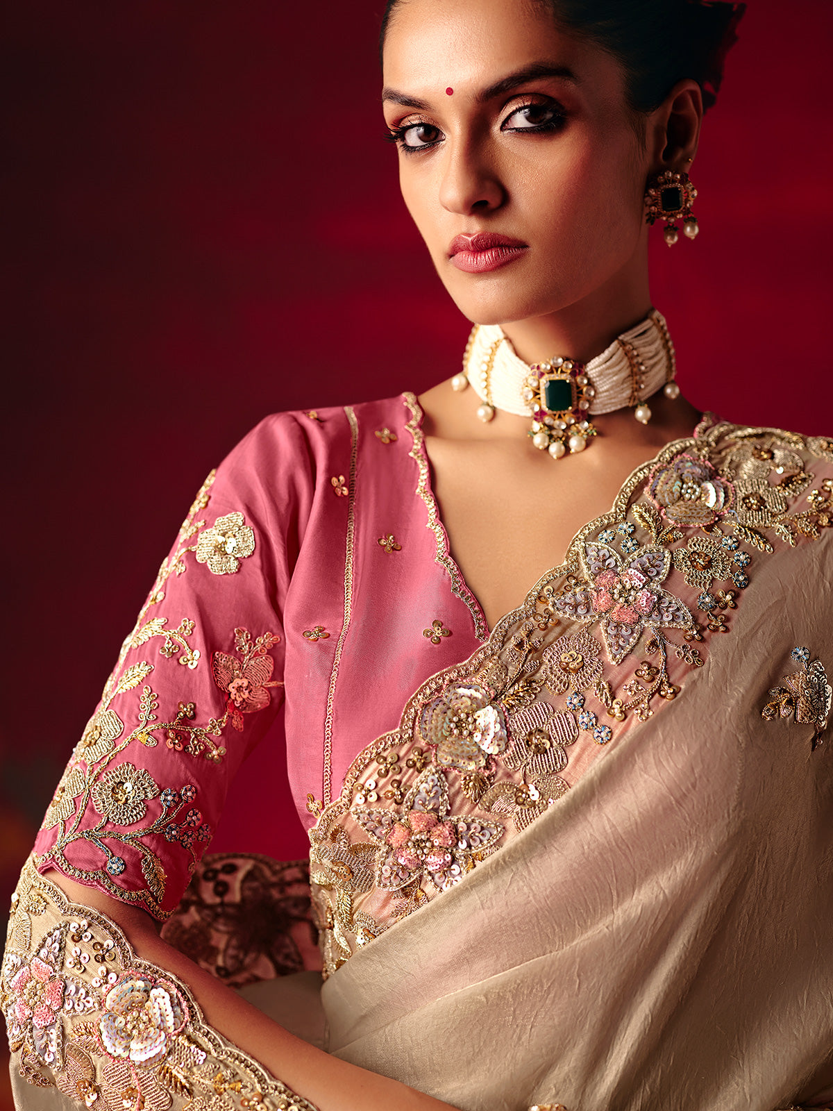 Beige tissue organza embroidered wedding saree