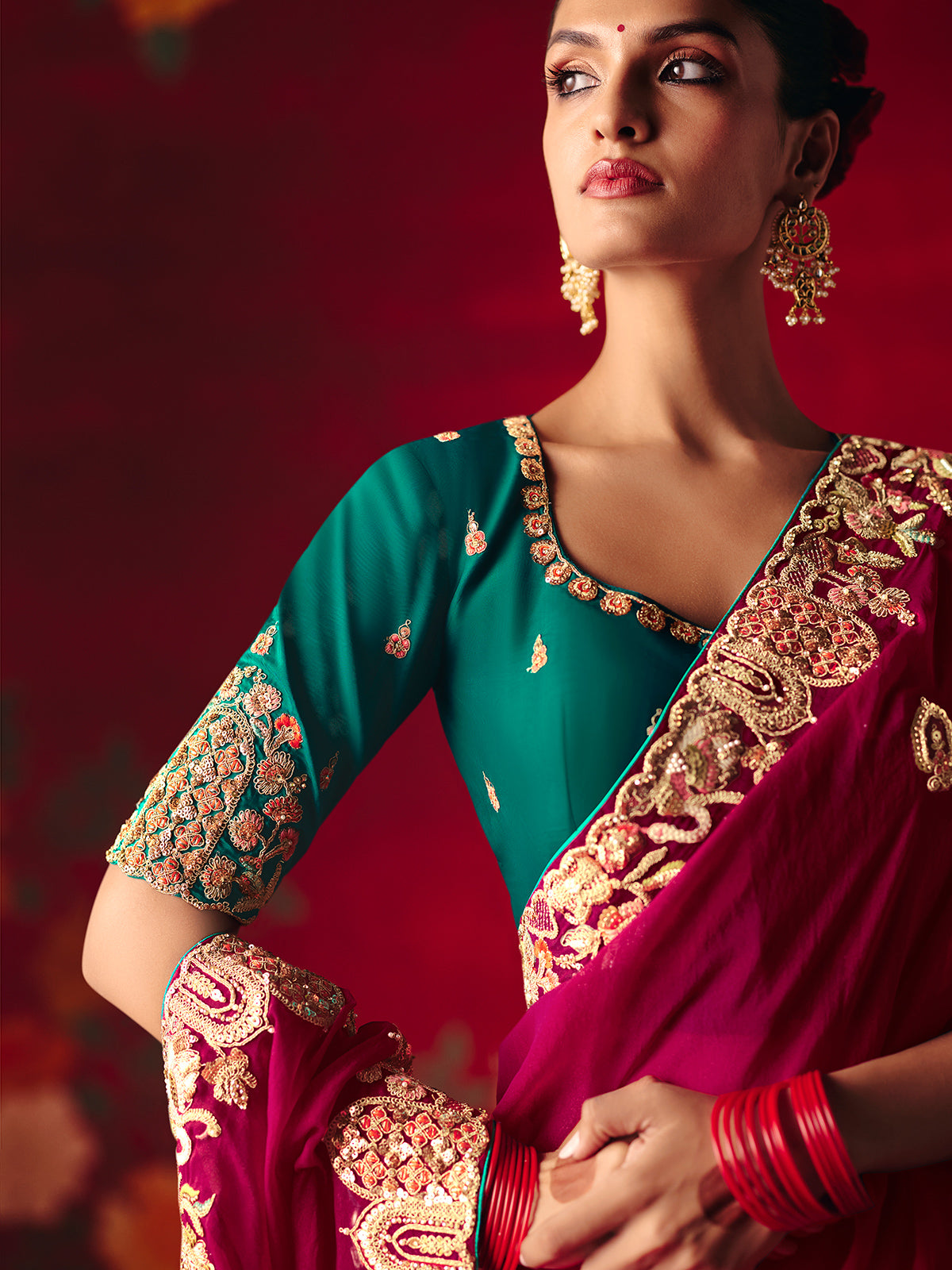 Deep magenta tissue organza wedding wear saree