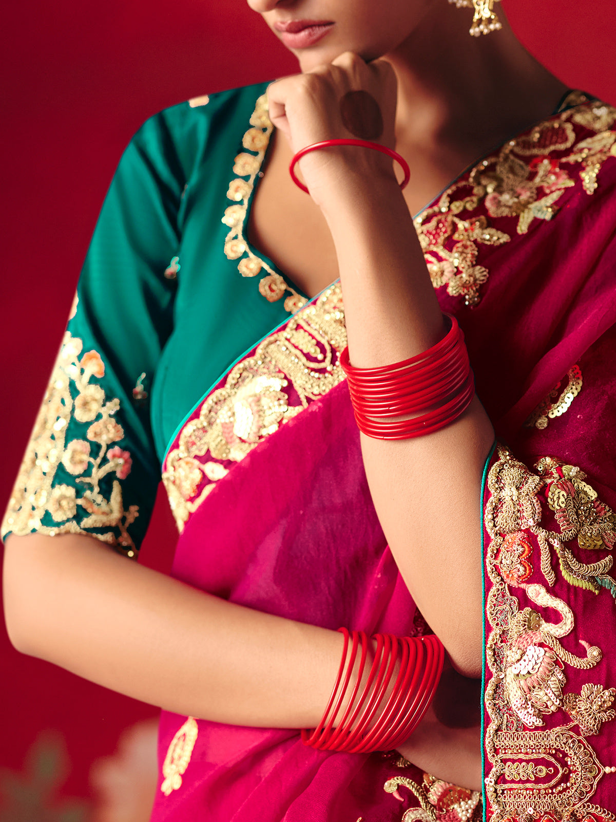 Deep magenta tissue organza wedding wear saree