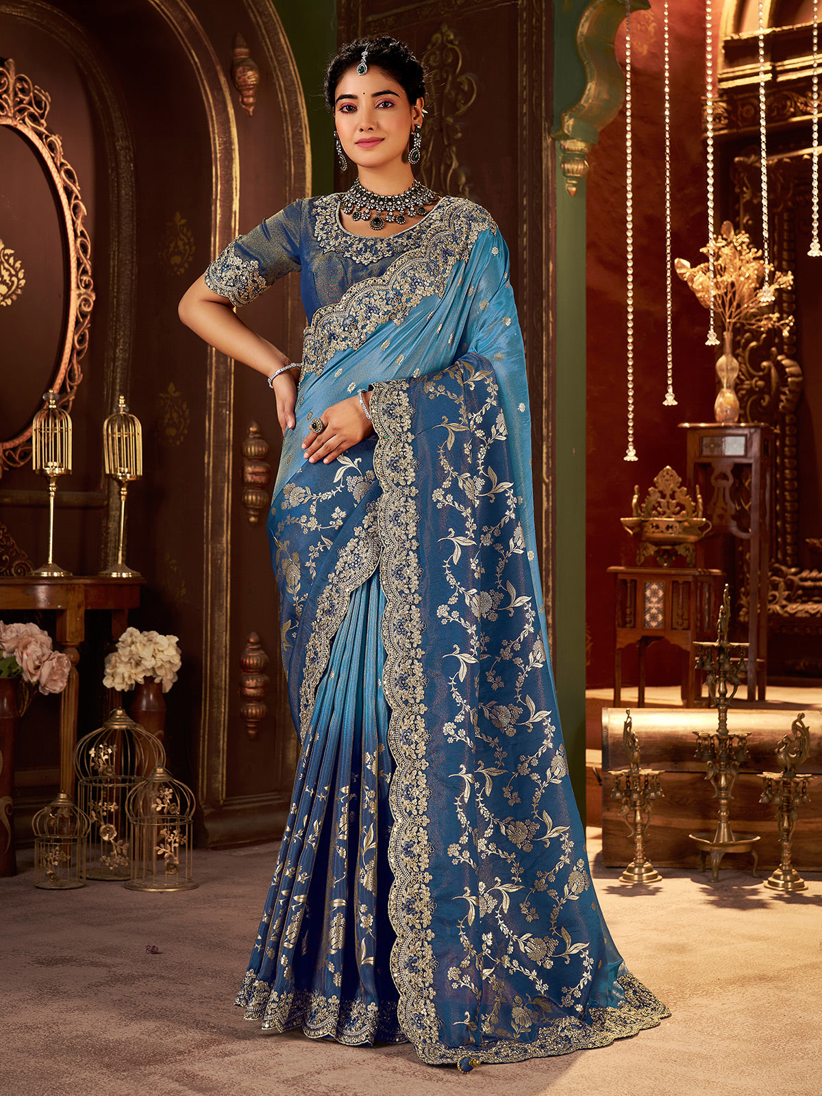 Shaded blue soft silk mirror work saree