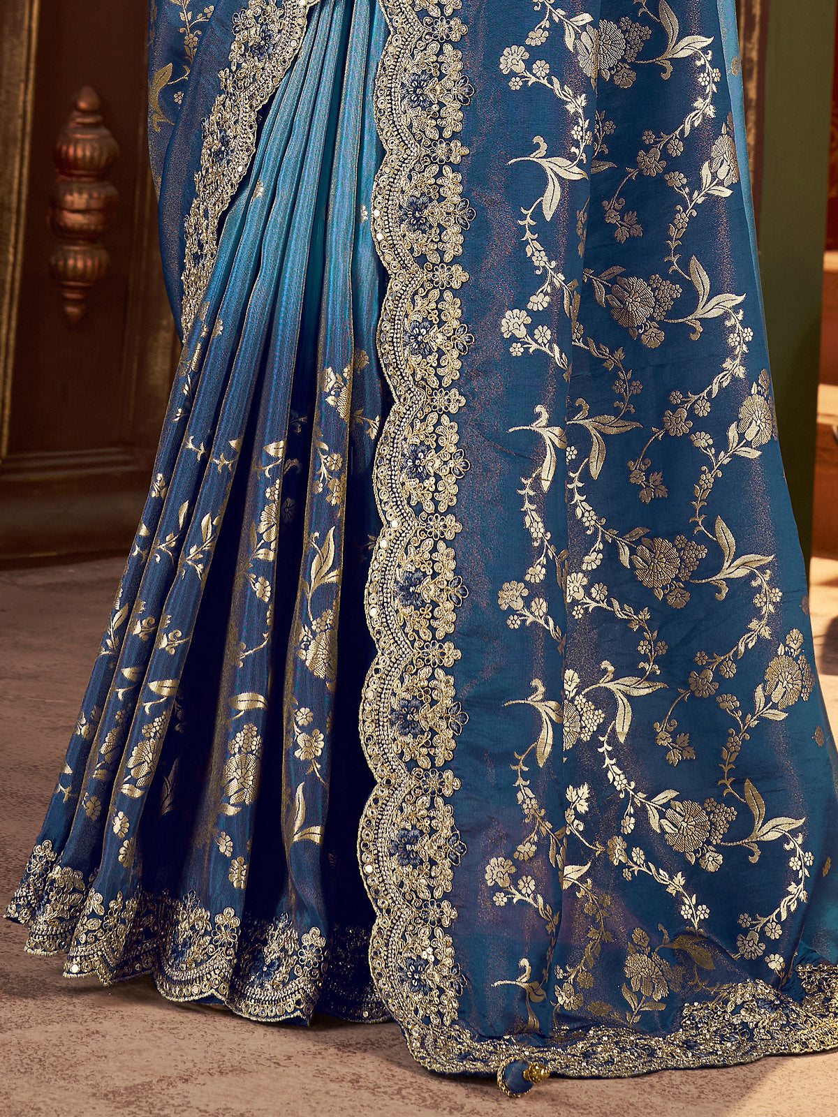 Shaded blue soft silk mirror work saree
