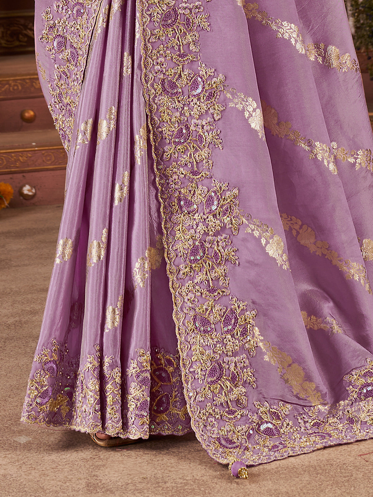 Lavender purple soft silk embroidered work saree