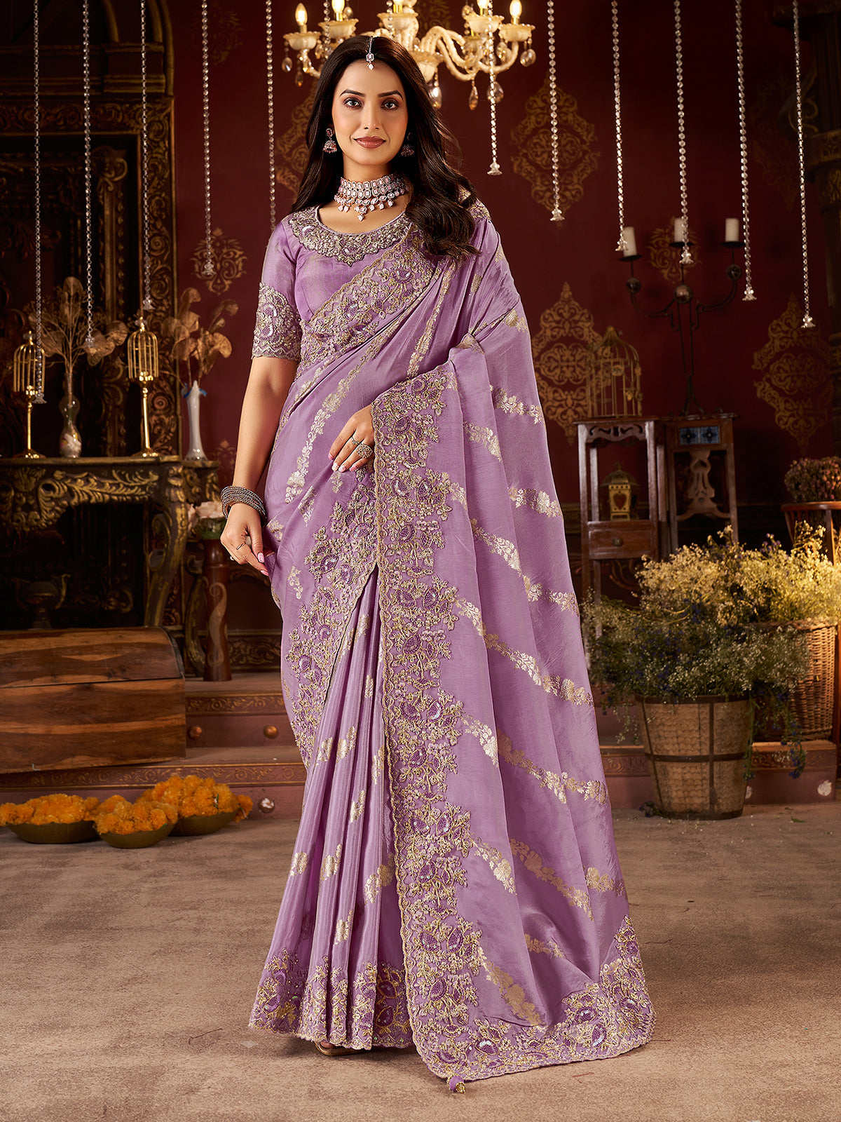 Lavender purple soft silk embroidered work saree