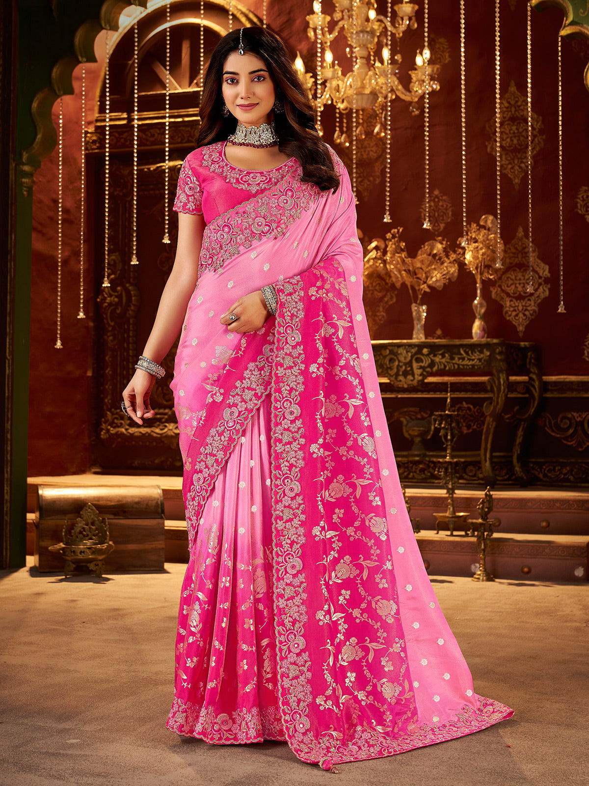 Shaded rani pink soft silk saree