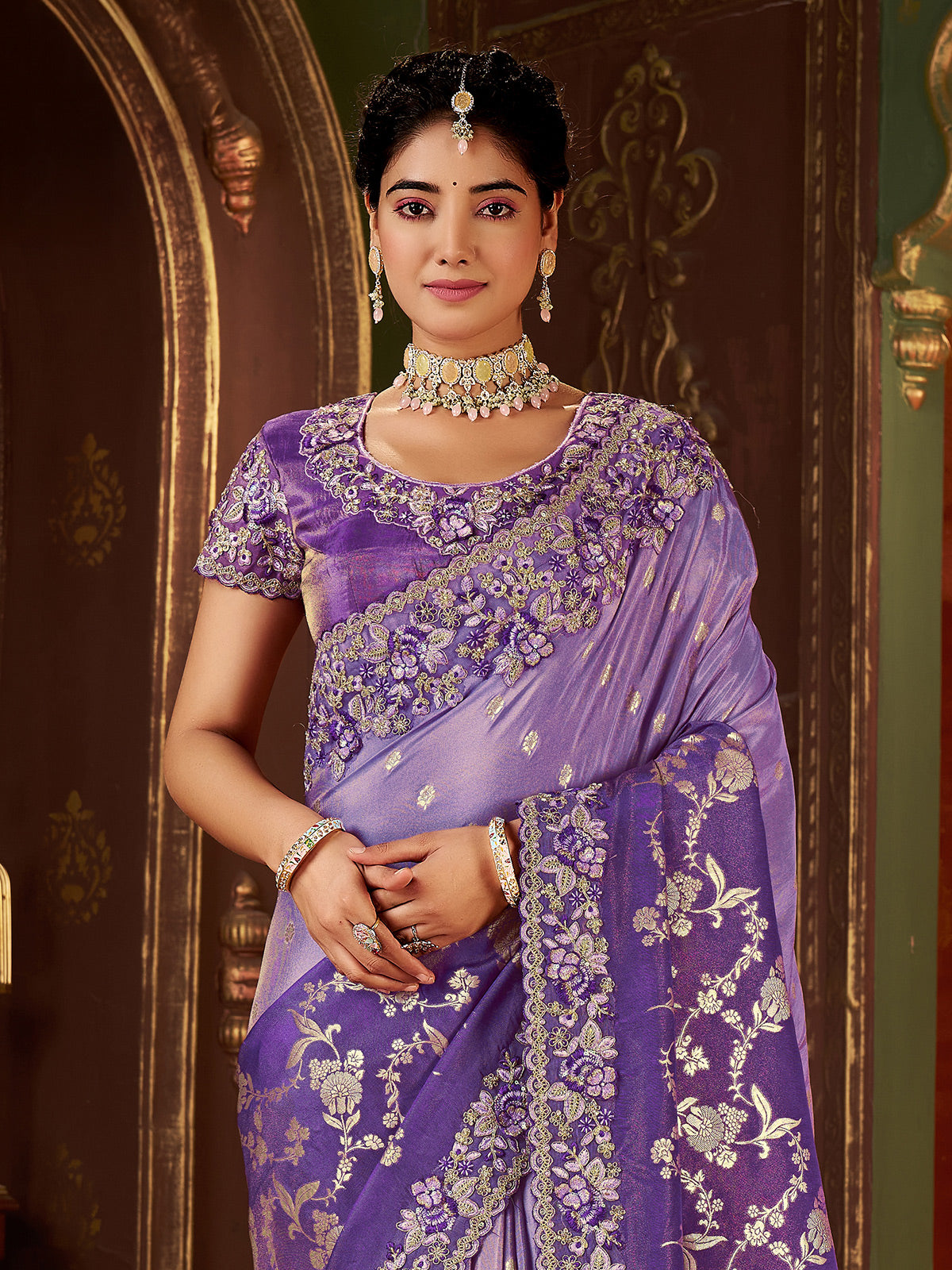 Shaded purple soft silk zardosi work saree