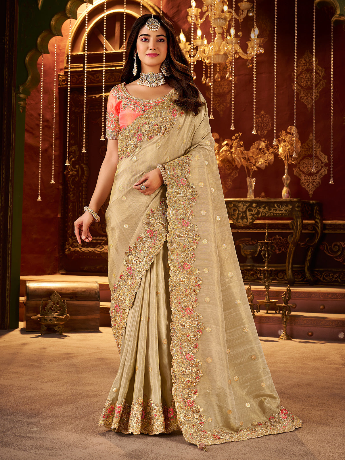 Beige soft silk contrast blouse festive wear saree