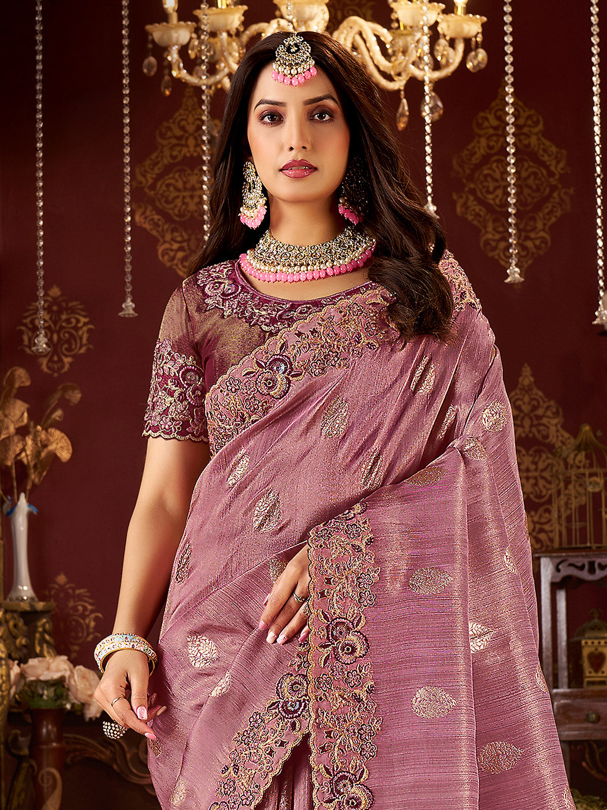 Onion pink soft silk festive wear saree