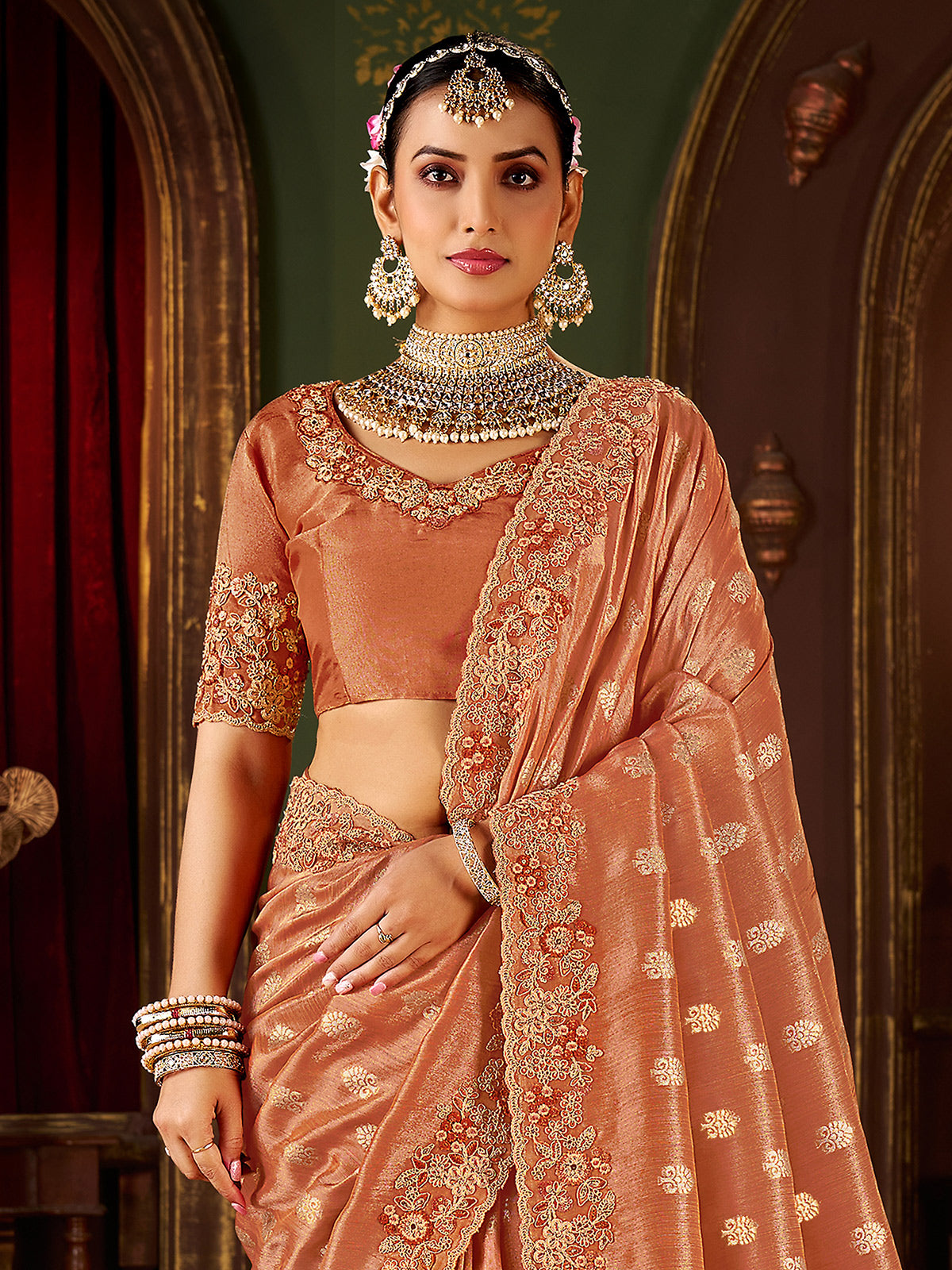 Peach soft silk embroidered work saree