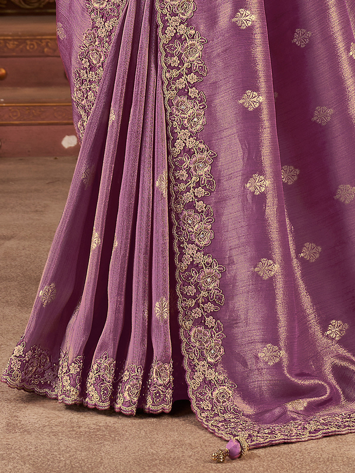 Purple soft silk embroidered work festive wear saree