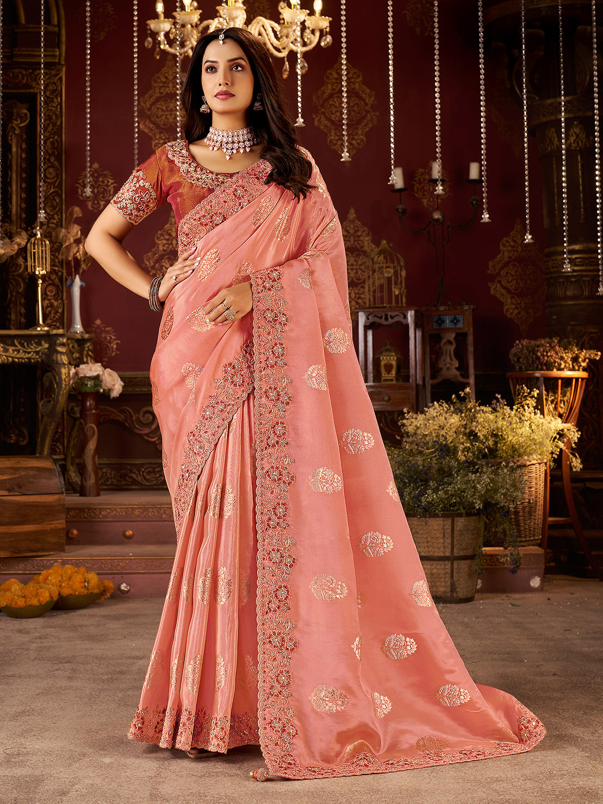 Peach soft silk mirror saree with contrast blouse