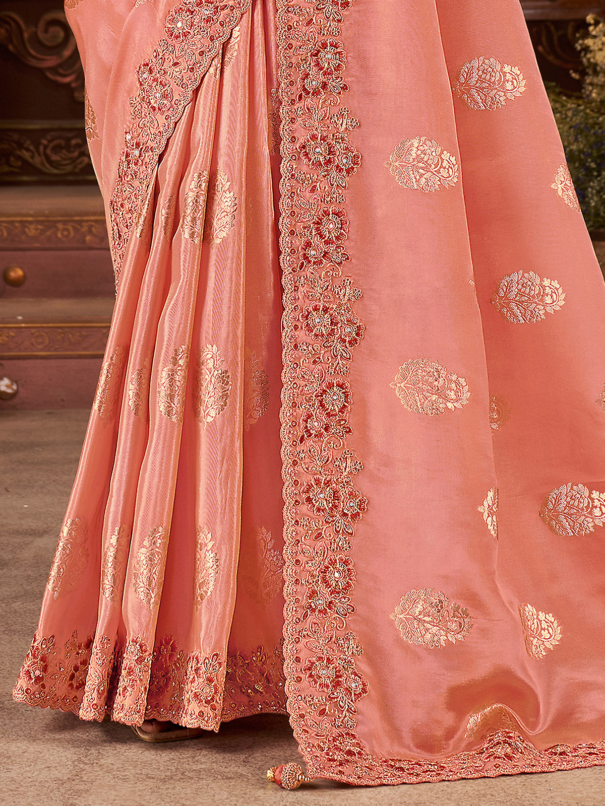 Peach soft silk mirror saree with contrast blouse