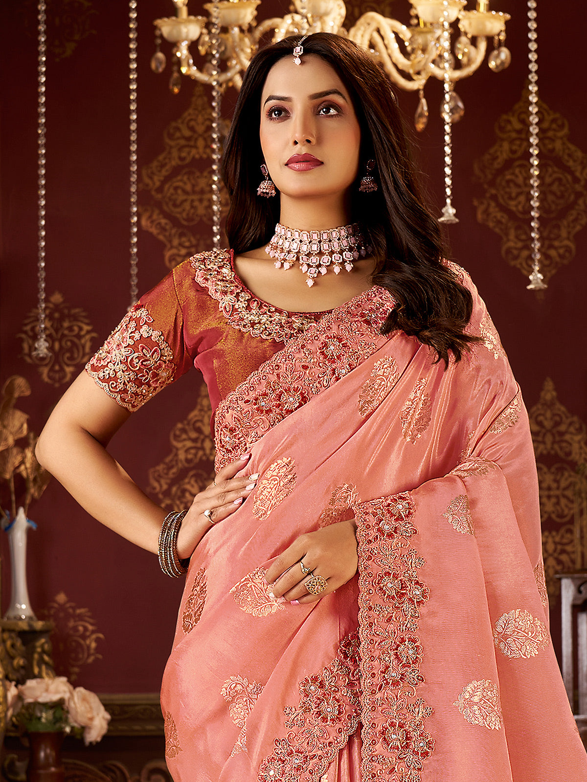Peach soft silk mirror saree with contrast blouse