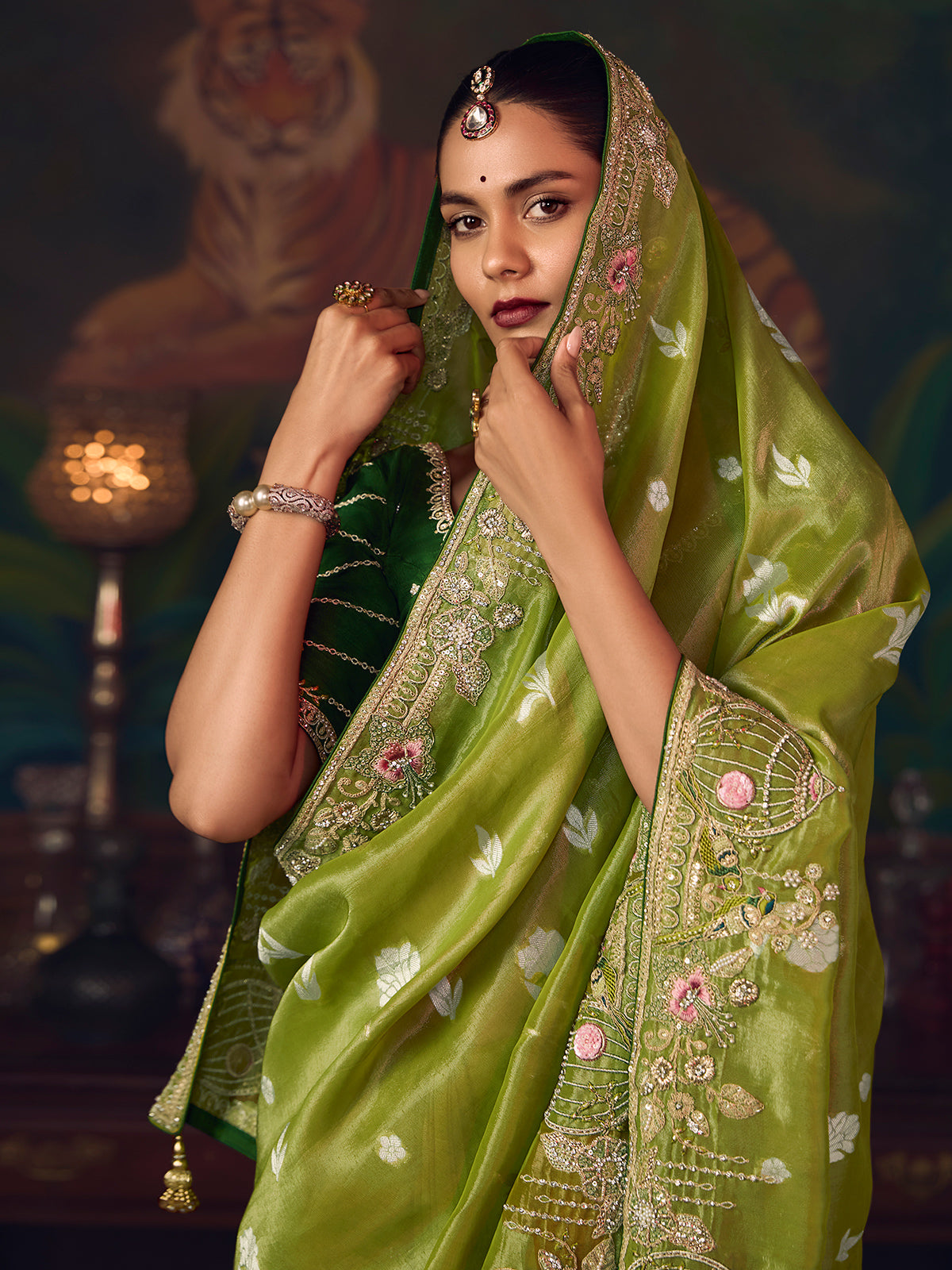 Mehendi green silk embroidered wedding saree