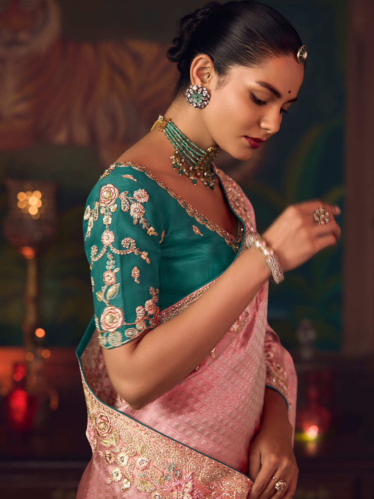 Onion pink silk embroidered festive saree