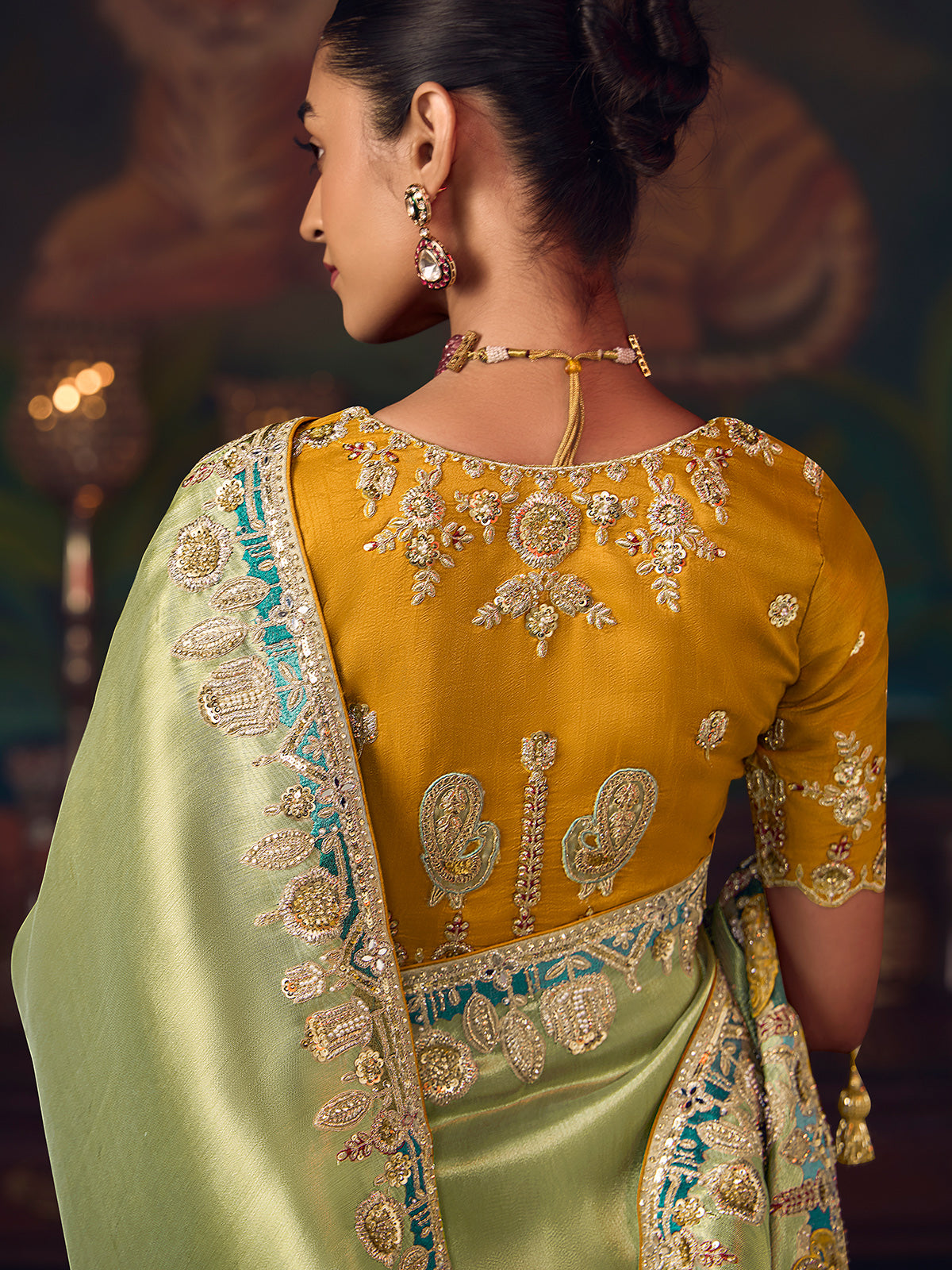 Pista green silk embroidered wedding saree